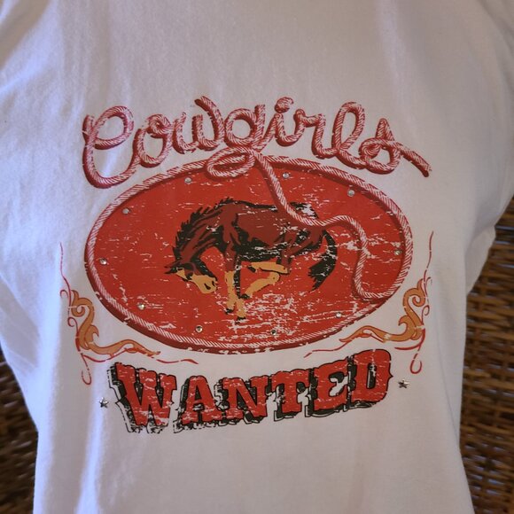 DKNY Jeans Sleeveless Graphic Print White Women's Size XL Cowgirls Wanted Bling - Picture 2 of 5